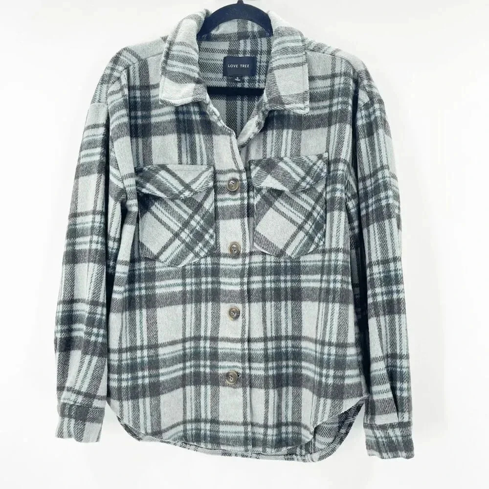 Love Tree Button Up Shacket Shirt‎ Jacket Womens Size S Green Plaid Flannel